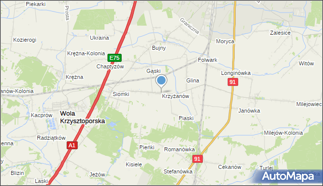 mapa Krzyżanów, Krzyżanów gmina Wola Krzysztoporska na mapie Targeo